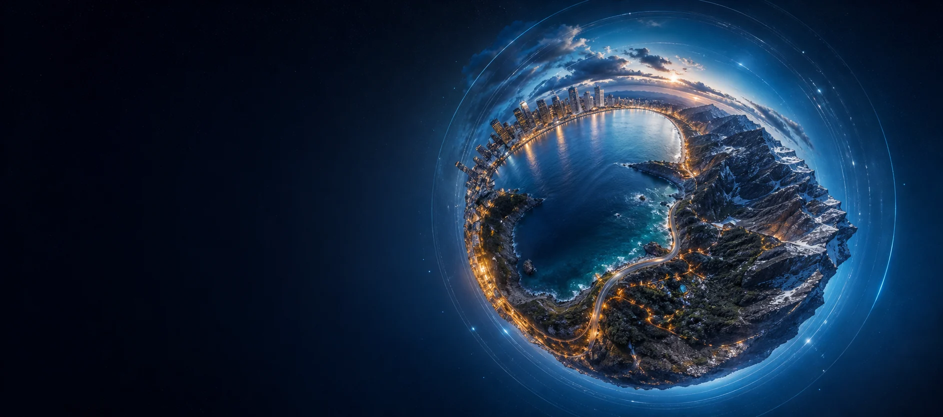 KI-generiertes Symbolbild: abstrakte 360-Grad-Welt mit Küste, Stadt und Bergen