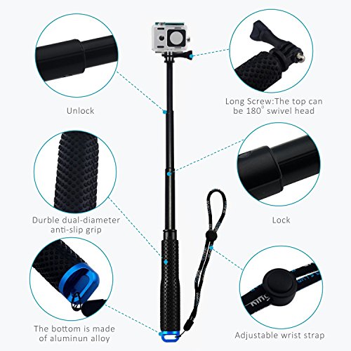 LENDOO Aluminium Einbeinstativ für GoPro , Erweiterbar Self Portrait Wasserdicht Selfie Stick Pole Handheld Monopod Pole für Go Pro HD Hero 5, Gopro Hero 4 Session Actionkameras (Blau) - 4